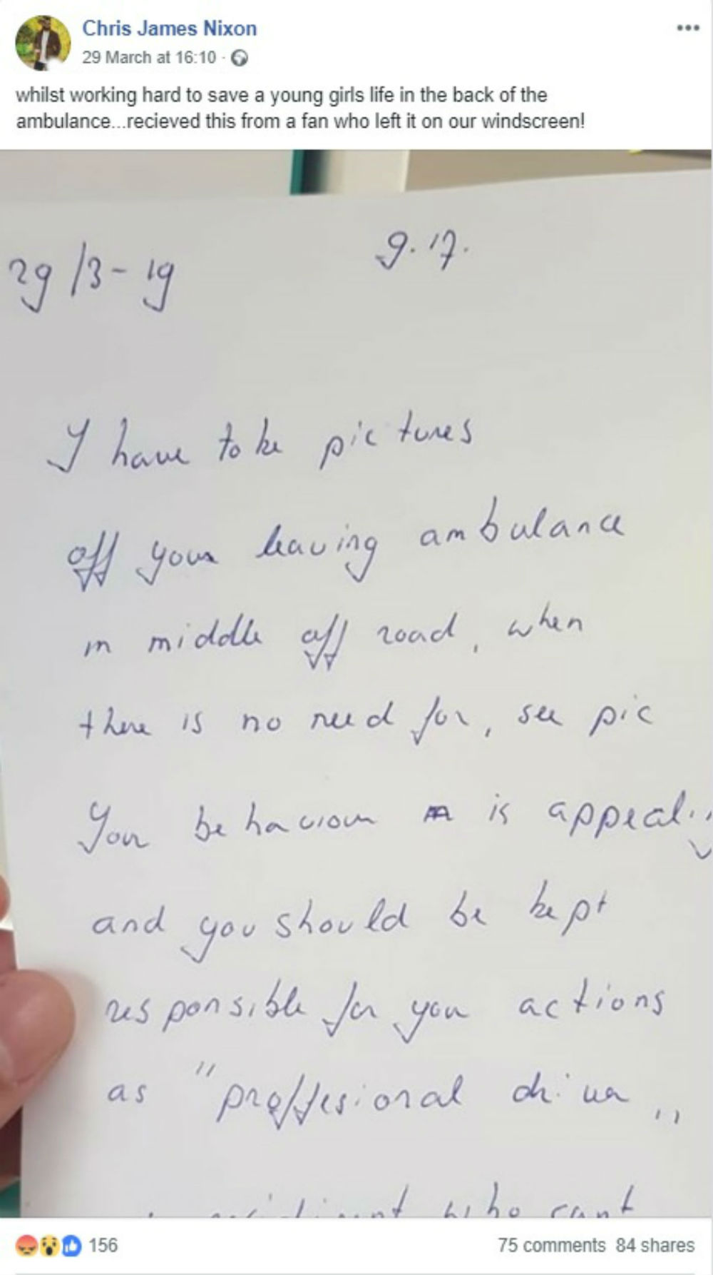 Paramedic shares note abusing him for blocking home - as he battled to ...