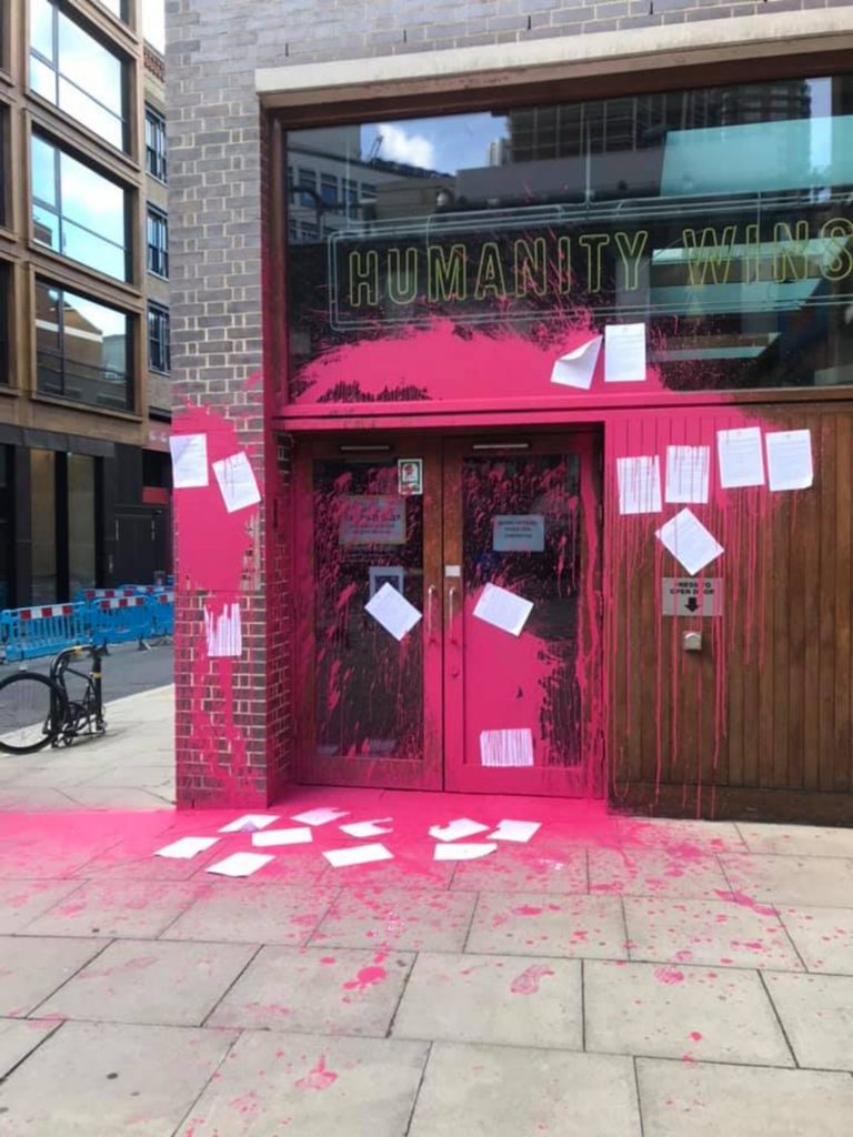 Beyond Politics vandalised the humanitarian charity's headquarters for failing to take action