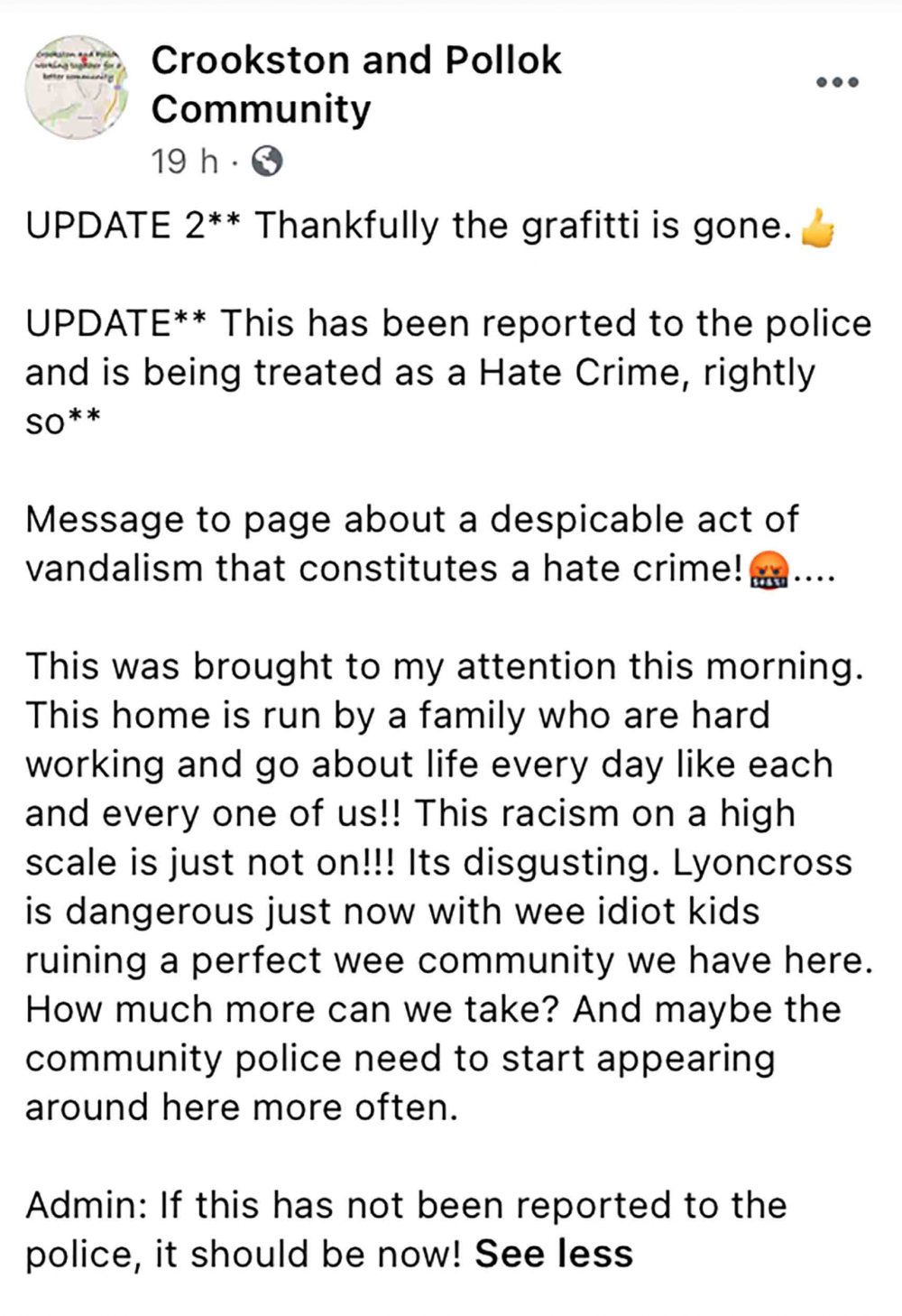 Facebook community page Crookston and Pollok Community post about Graffiti| Crime news UK