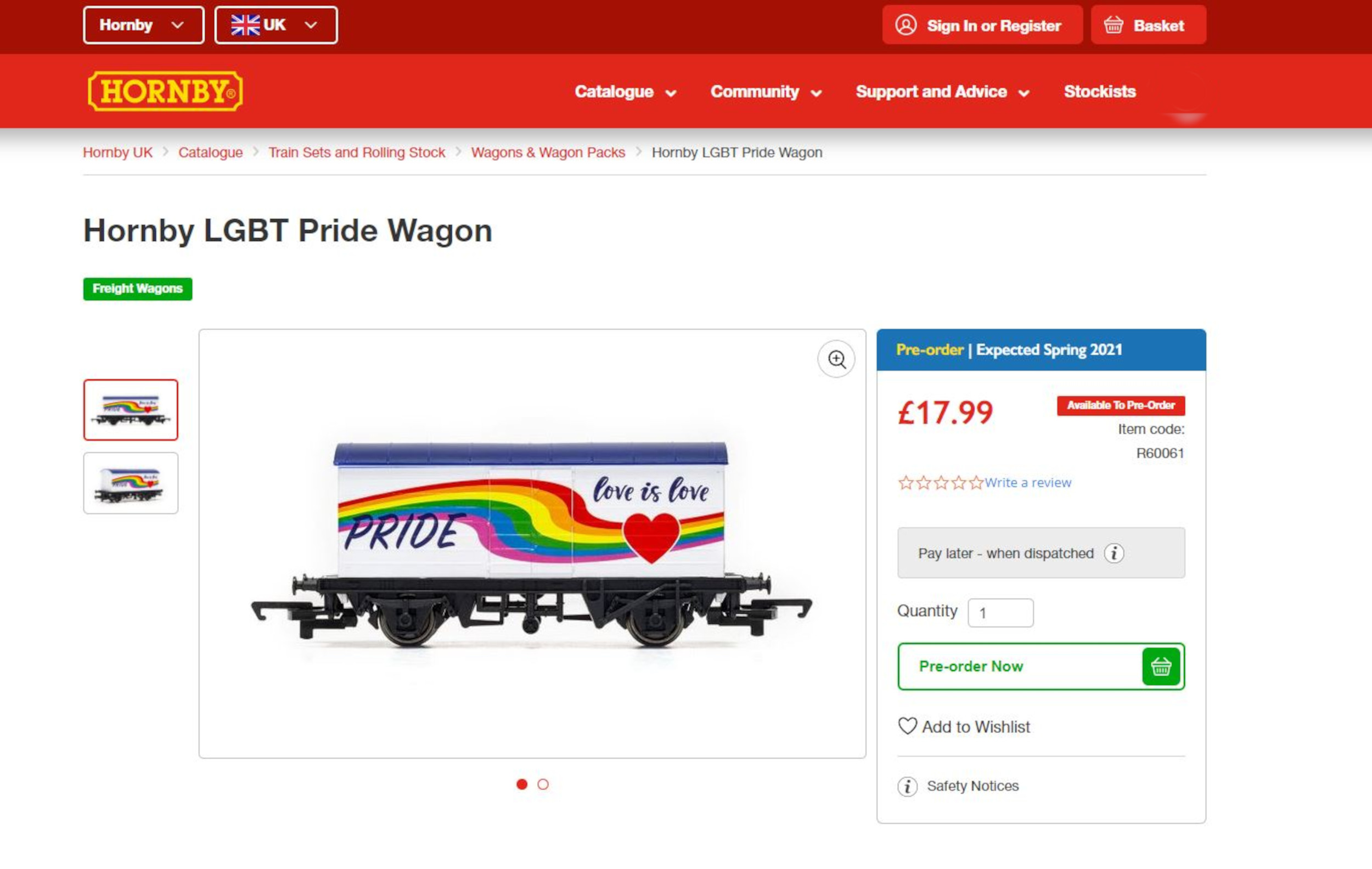 The listing for the Hornby LGBTQ+ wagon on their site - Consumer News UK