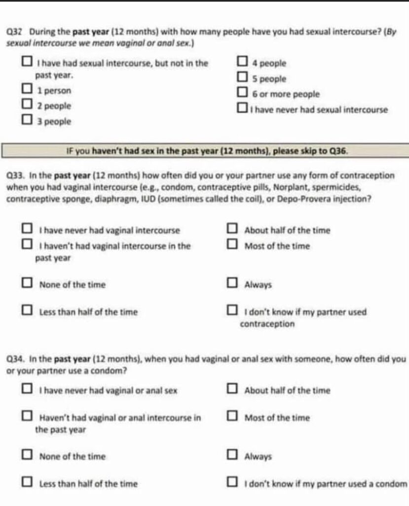 The questionnaire asked several personal questions