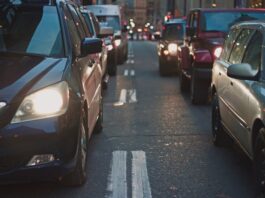 Queue of traffic in city.