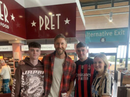 Livvy Elder with pal Ben Lloyd (L), Calvin Harris and boyfriend Jake Foster (R).