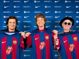 The Rolling Stones showcasing their logo sponsoring FC Barcelona.