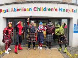 The North East Tartan Army outside Royal Aberdeen's Children Hospital