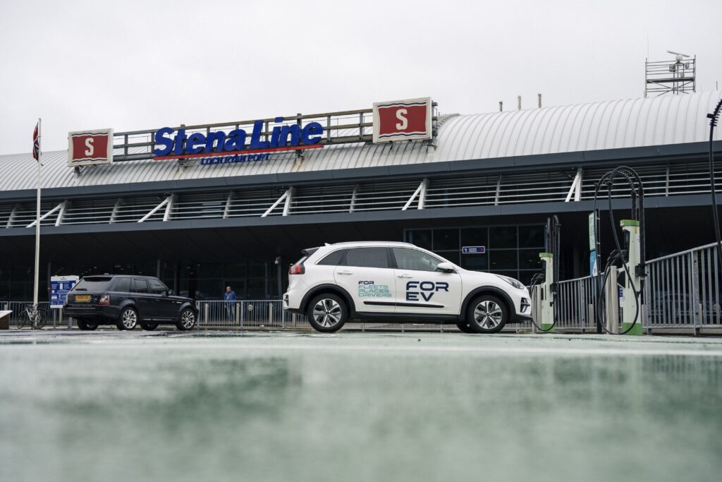 The EV charger in action outside the Cairnyan ferry port. Image supplied with release by Clark.