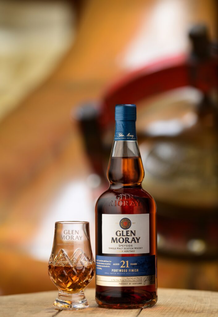 Glen Moray 21 bottle and glass, Image supplied with release by Burt Greener.