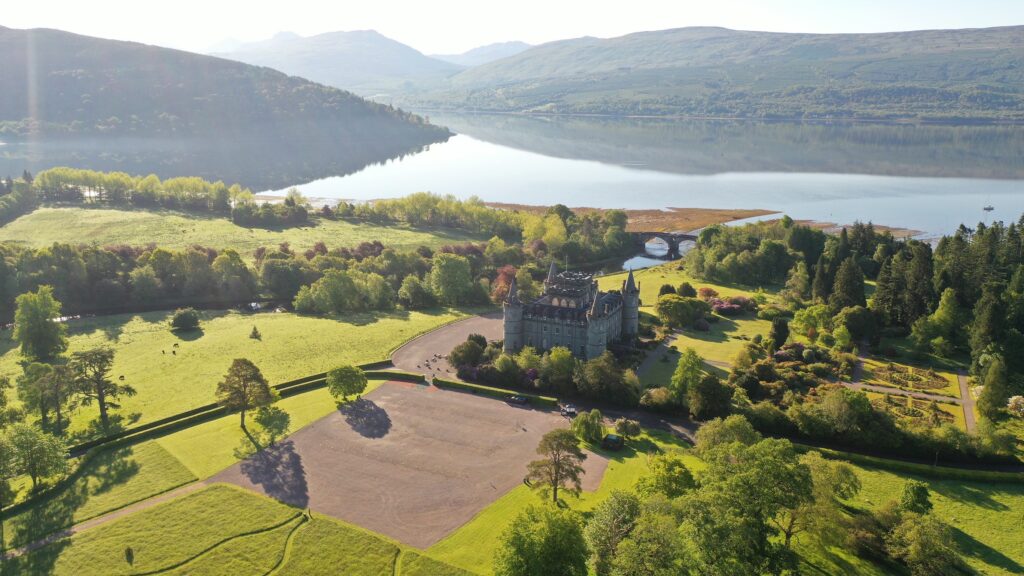 Aerial shot of Inveraray Castle.