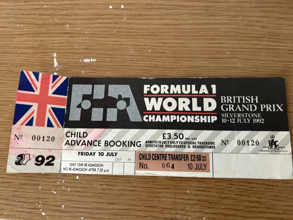 A ticket for the 1992 British Grand Prix, in great condition and costing £3.50