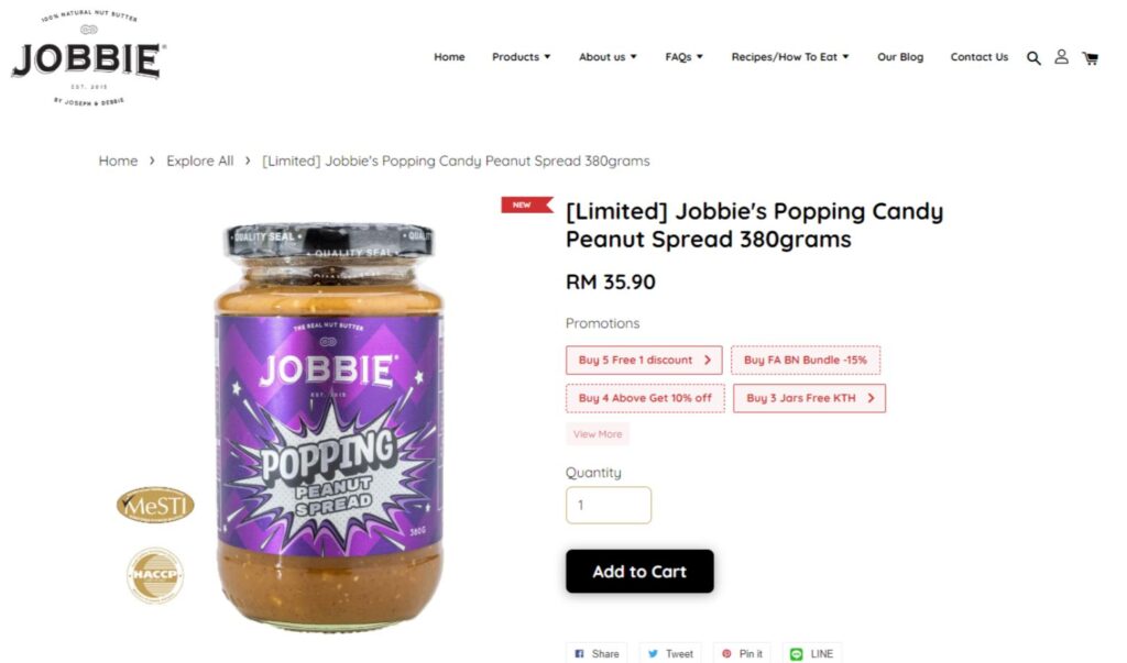 A screenshot of an online product listing on the website for Jobbie Nut Butter. The product is called "Jobbie's Popping Candy Peanut Spread." The product image shows a clear glass jar filled with peanut butter, with a black lid. The label features a bright purple zigzag pattern, and features the brand name at the top, then "Popping Peanut Spread" in a cartoon explosion effect speech bubble.