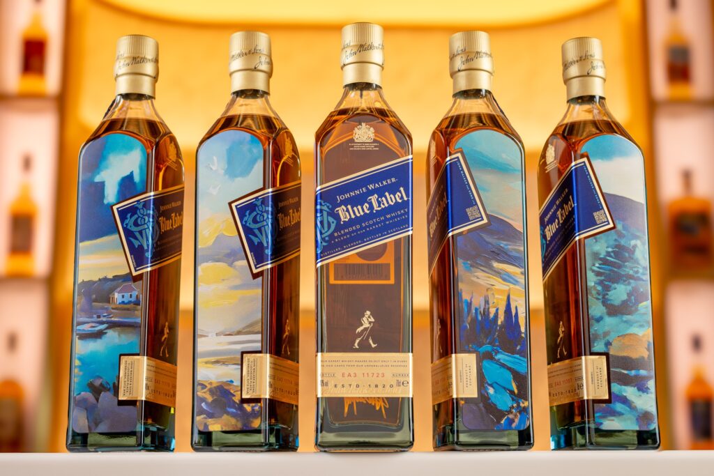 A selection of the Blue Label bottles which have been designed with AI. Image supplied with release by Frame Creates