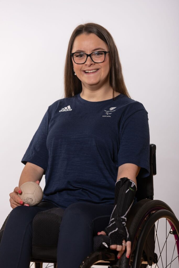 Headshot of Kayleigh Haggo holding boccia ball.