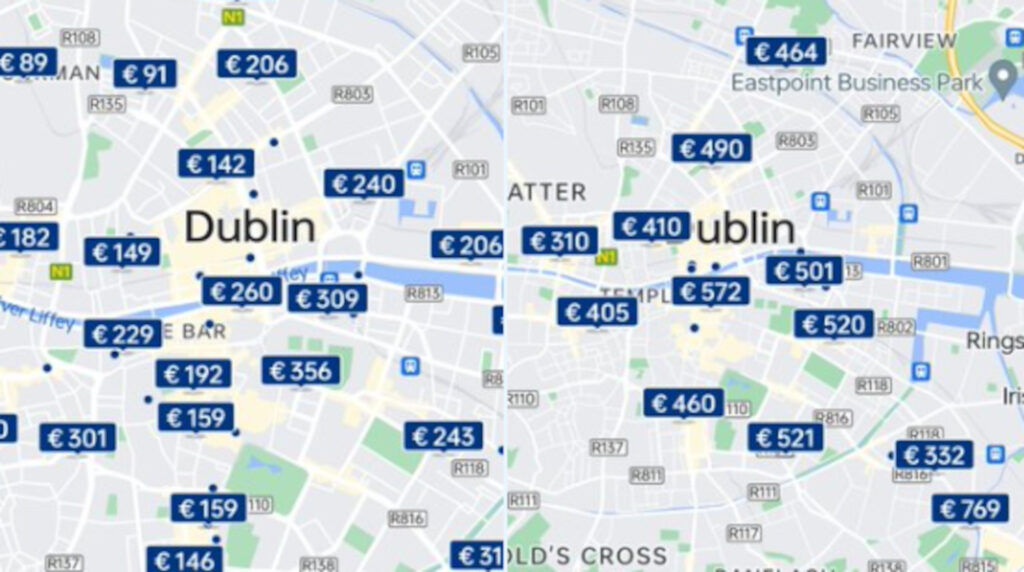 A side by side of hotel prices before and after the announcement.