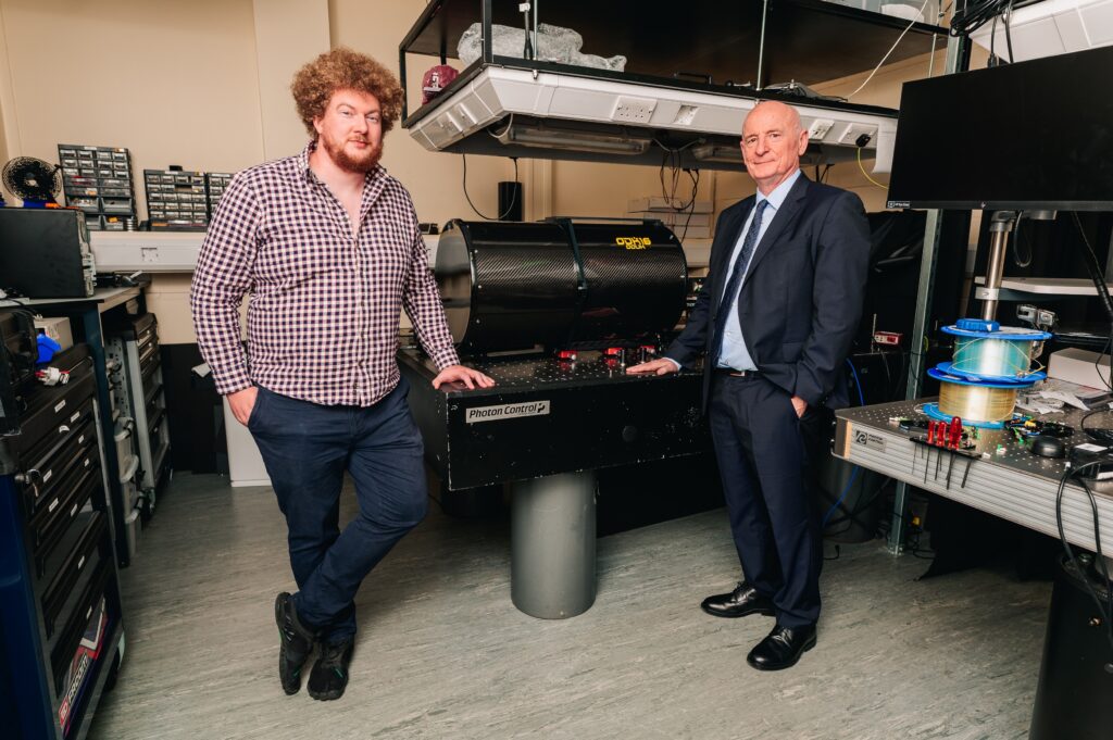 Dr Ross Donaldson and Professor Gerald Buller pictured with the equipment to be used in the new telescope. Image supplied with release by Heriot-Watt University.