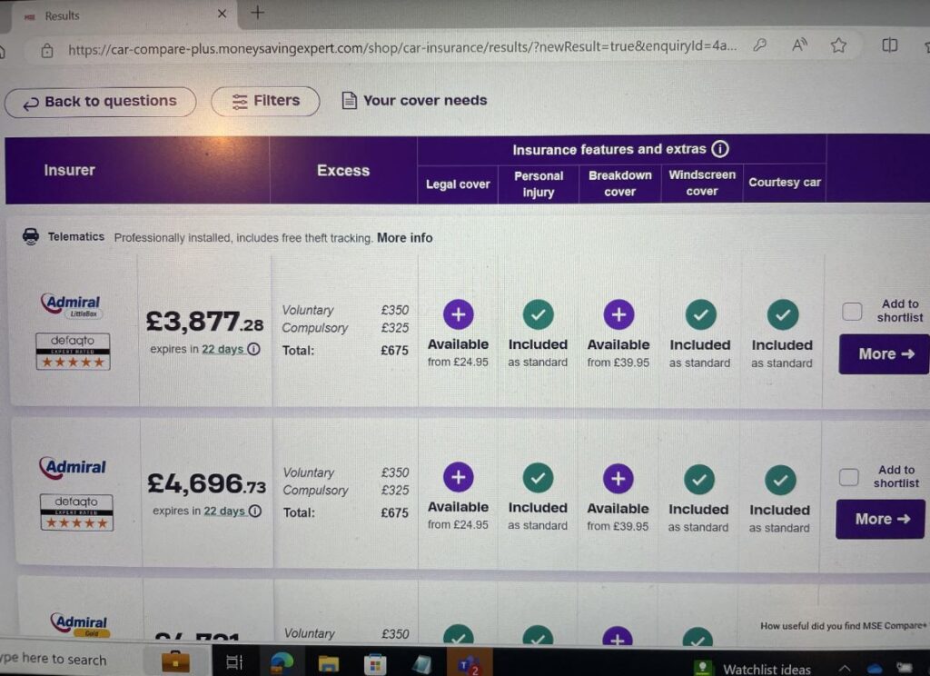 A screenshot of a price comparison site for car insurance, mainly with black text on a white background, but with a purple header and purple buttons. The price for two policies are visible, both from Admiral Insurance- one at £3,877.28, the other at £4,696.73.