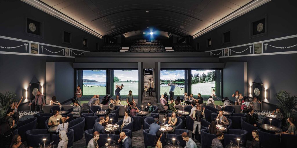 A digitally-rendered impression of a renovated cinema space, featuring people sitting around small tables and using a golf simulator and table football on the lower level, and traditional cinema seating on the upper level.