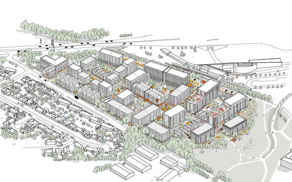 Aerial sketch for the proposed mixed-use development. Image supplied with release by Orbit