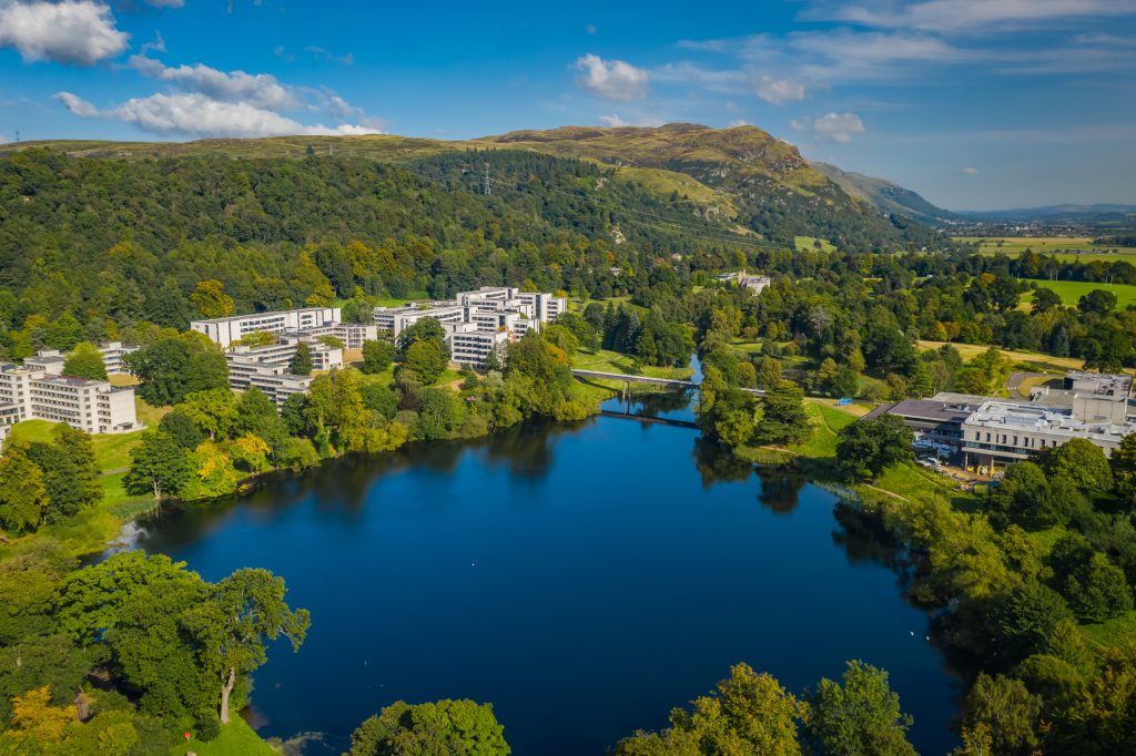 Drone shot of University of Stirling campus | Edinburgh PR Agency