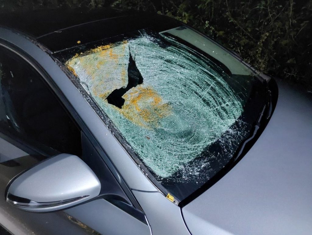 An image of a car with a shattered windscreen, which is also stained with orange residue.