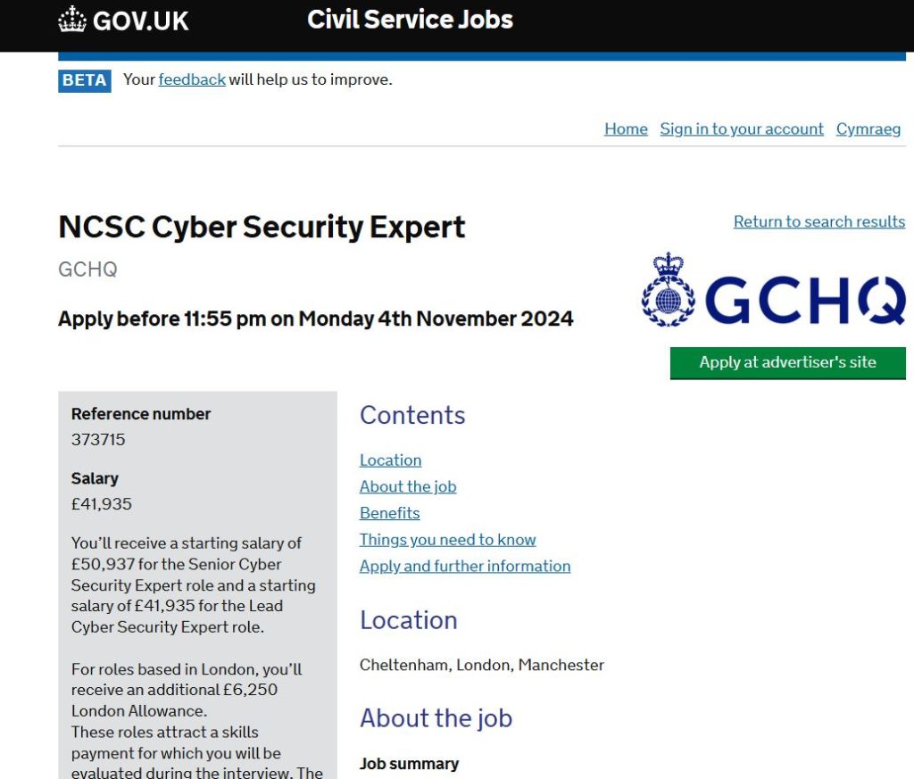 A screenshot of a job advertisement for a UK government cyber security expert.