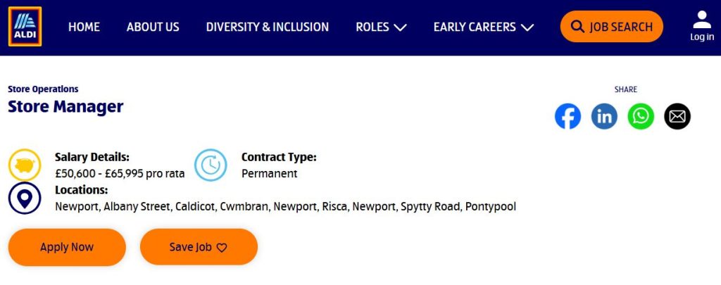 A screenshot of a job advertisement for a store manager at Aldi.