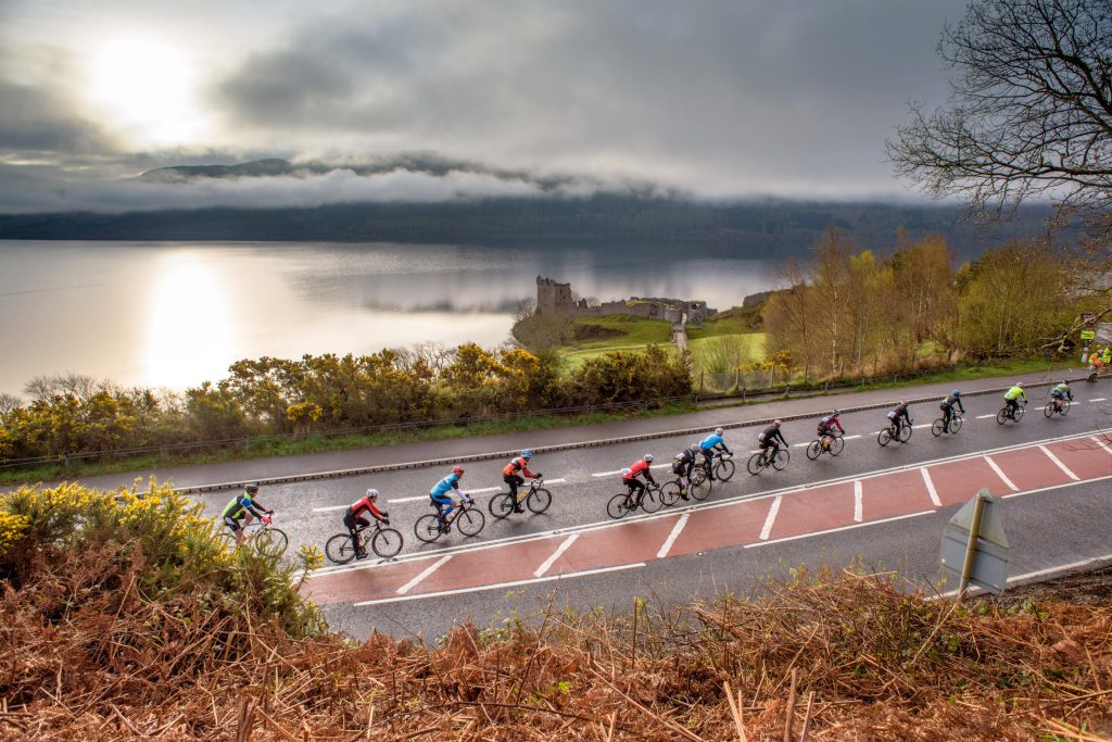 Cyclists on the route round Loch Ness in the Etape Loch Ness event.