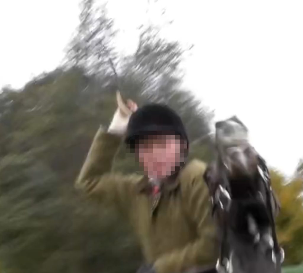 A YOUNG fox hunter has been filmed shockingly whipping a hunt saboteur from horseback after a group of protestors attempted to stop the hunt he was on.