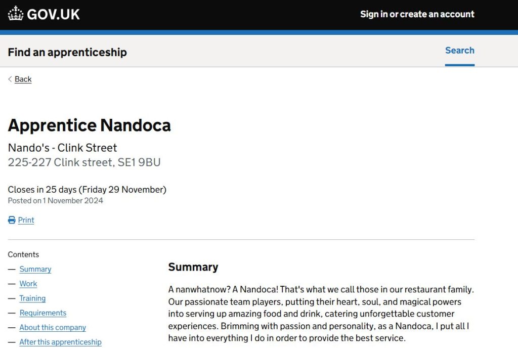 A screenshot from the GOV.UK website, listing an apprenticeship role at Nando's.