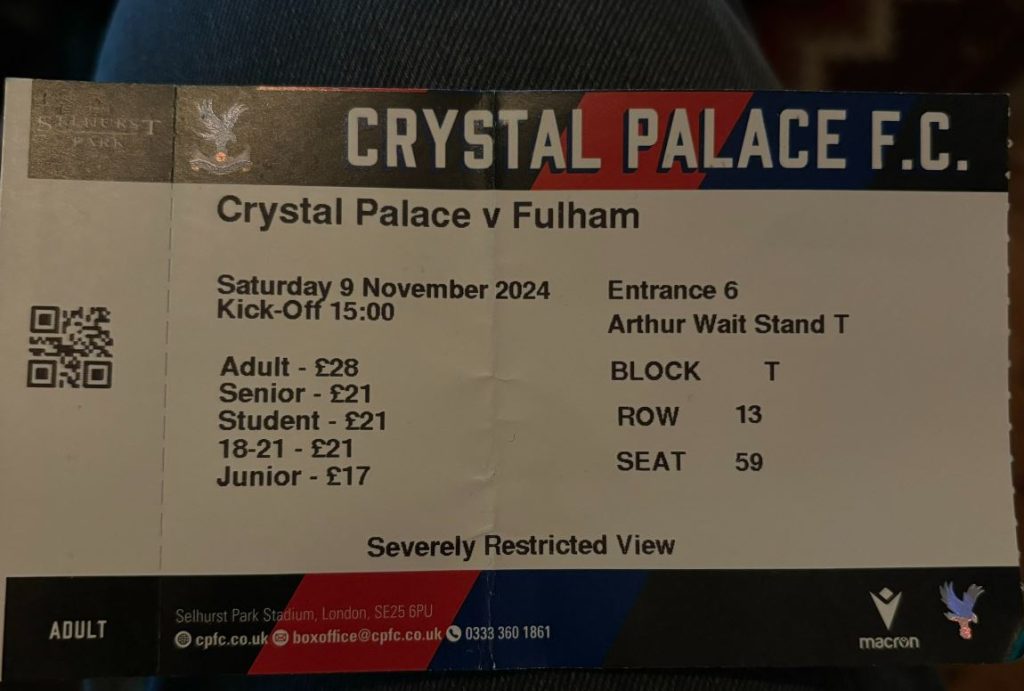 An image of a ticket for a football match between Crystal Palace and Fulham.