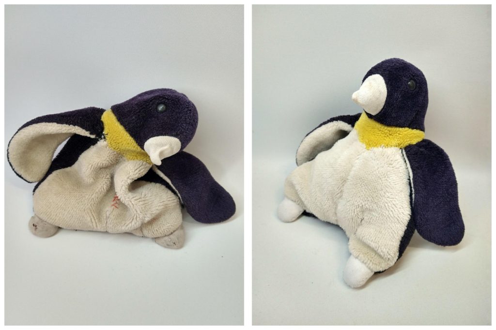 Two images side by side of the same penguin soft toy, showing it looking droopy and dirty, compared to firmer and clean