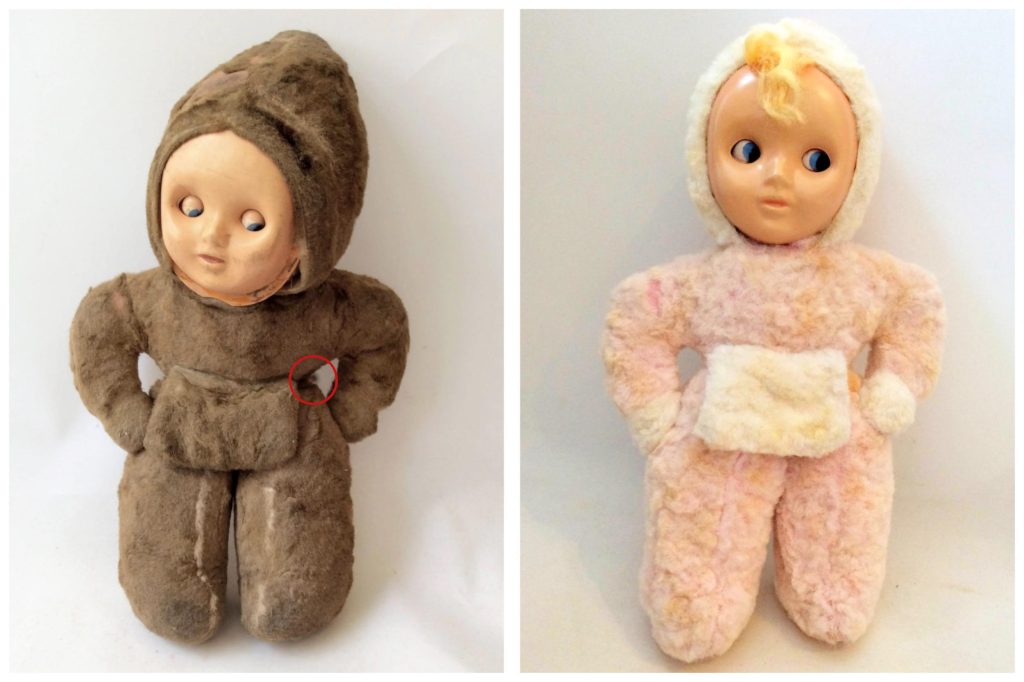 Two images side by side of the same doll, showing it looking worn with a shabby brown outfit, and pristine with a pink outfit