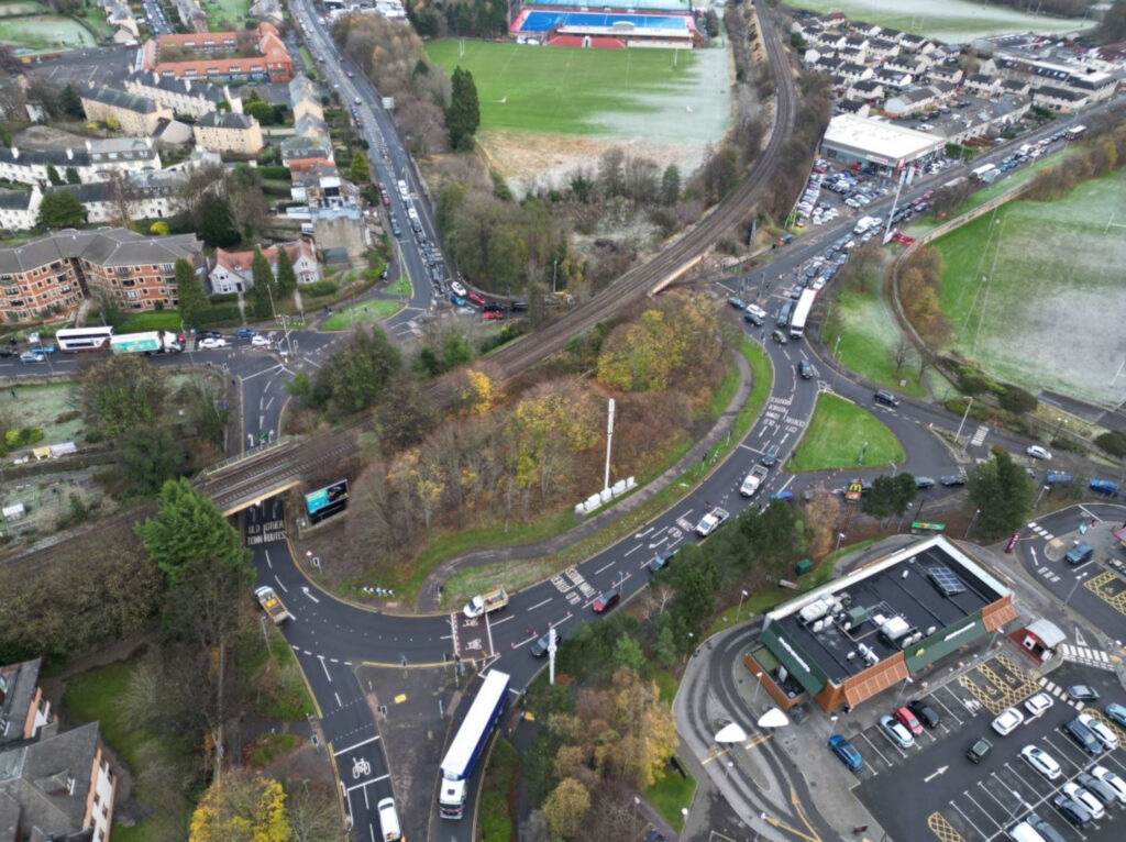 An aerial image of a busy roundabout.