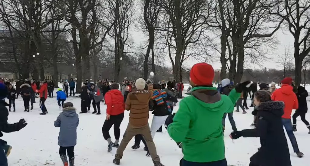 An image of a crowd of people having a snowball fight in a park.