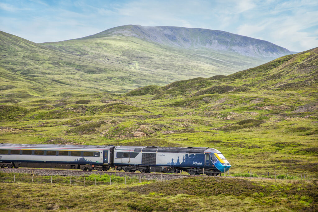 An Intercity train traveling across Scotland