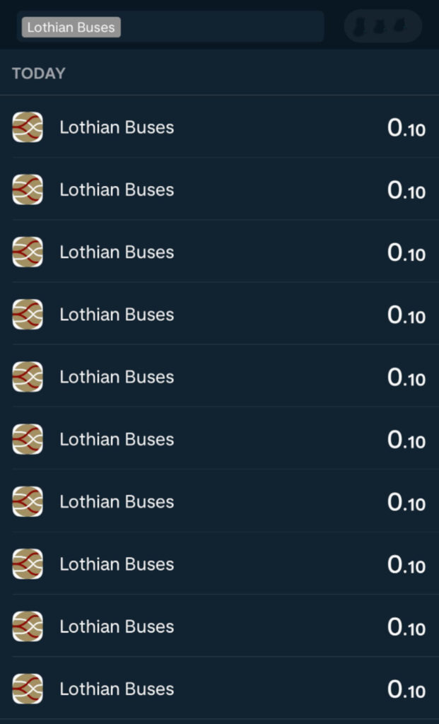 A screenshot of a banking app, showing multiple transactions for 10p from Lothian Buses