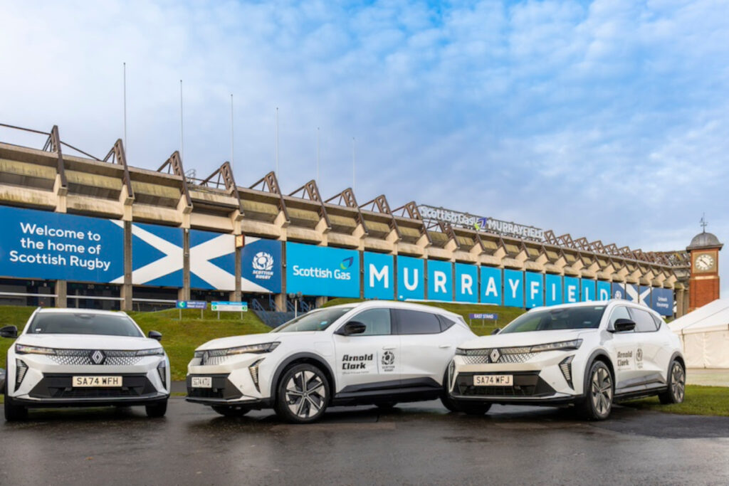 Three Renault Scenic E-Techs parked outside Scottish Gas Murrayfield.