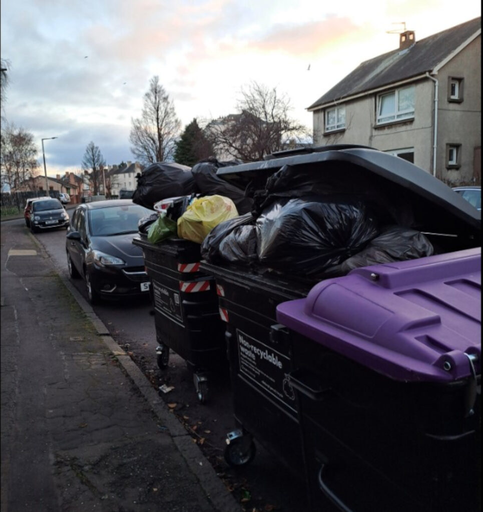 Bins in Granton overflowing with waste. (C) Wayne Edmonds/Facebook