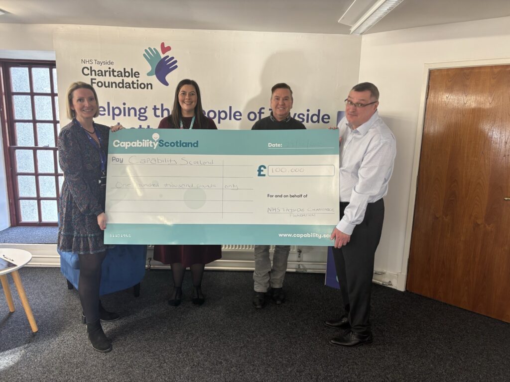 Left to right: Shelley McCarthy Chief Executive NHS Tayside Charitable Foundation, Ailsa Wallace Head of Fundraising and Communications Capability Scotland, Richard McIntosh Fundraising Manager NHS Tayside Charitable Foundation, Brian Jones Trustee NHS Tayside Charitable Foundation