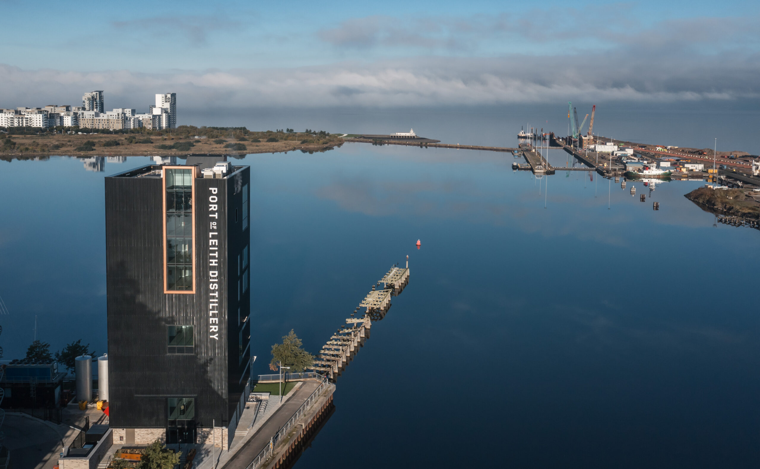 An aerial shot of the Port of Leith Distillery.